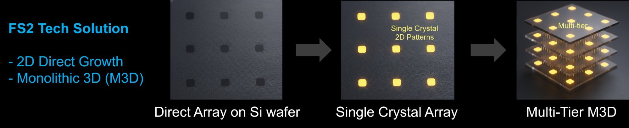 FS2 Tech Solution: Direct Array on Si wafer → Single Crystal Array → Multi-Tier M3D